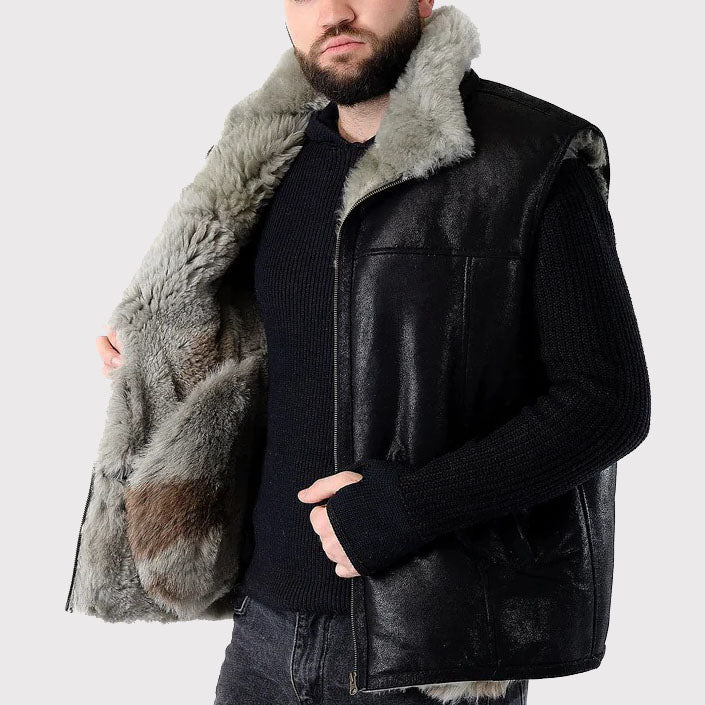 Gilet sans manches en peau de mouton fait main pour homme en noir