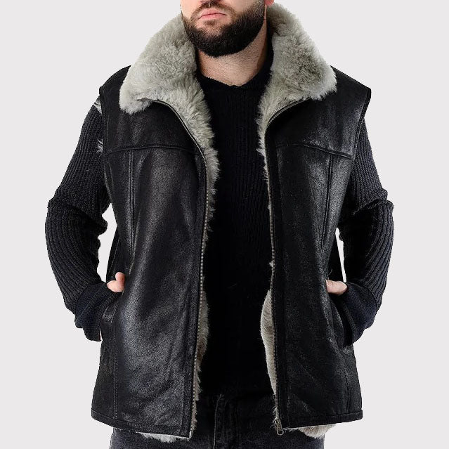 Gilet sans manches en peau de mouton fait main pour homme en noir