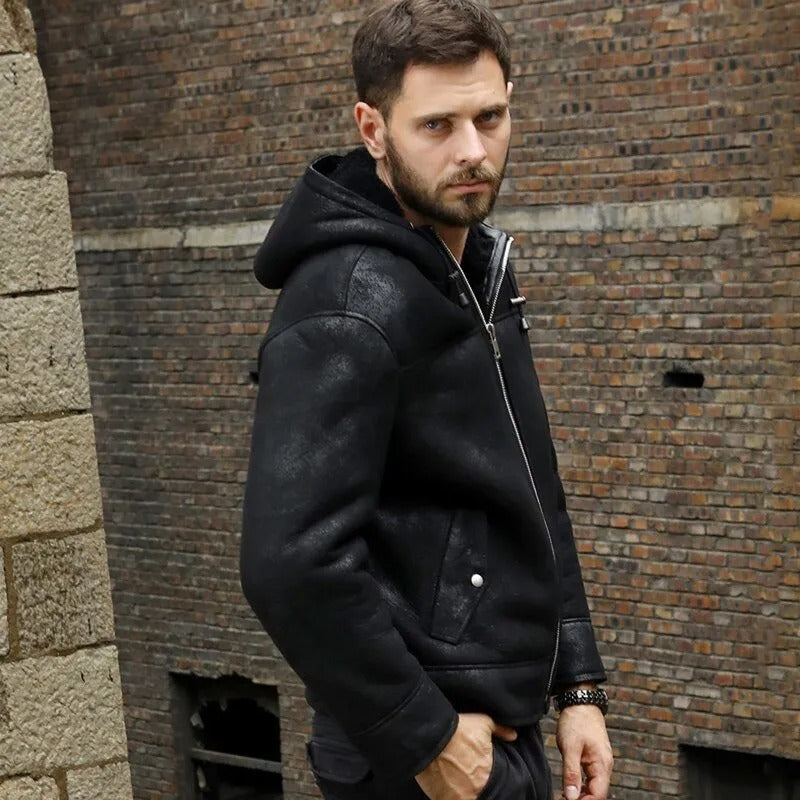 Veste d'hiver à capuche en peau de mouton B3 noire pour homme