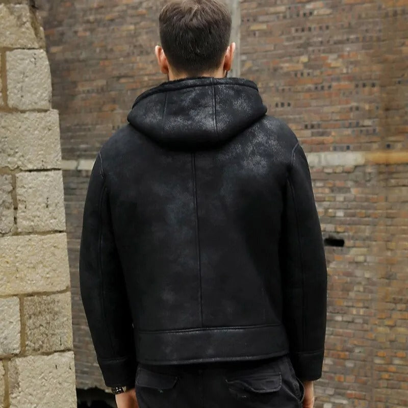 Veste d'hiver à capuche en peau de mouton B3 noire pour homme