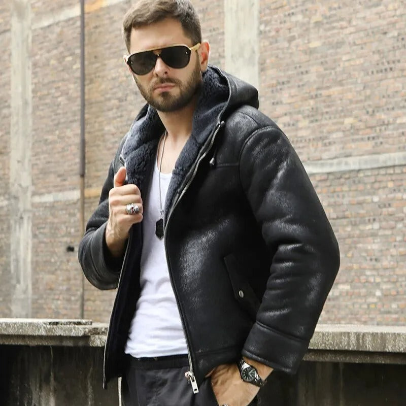 Veste d'hiver à capuche en peau de mouton B3 noire pour homme