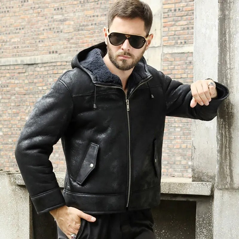 Veste d'hiver à capuche en peau de mouton B3 noire pour homme