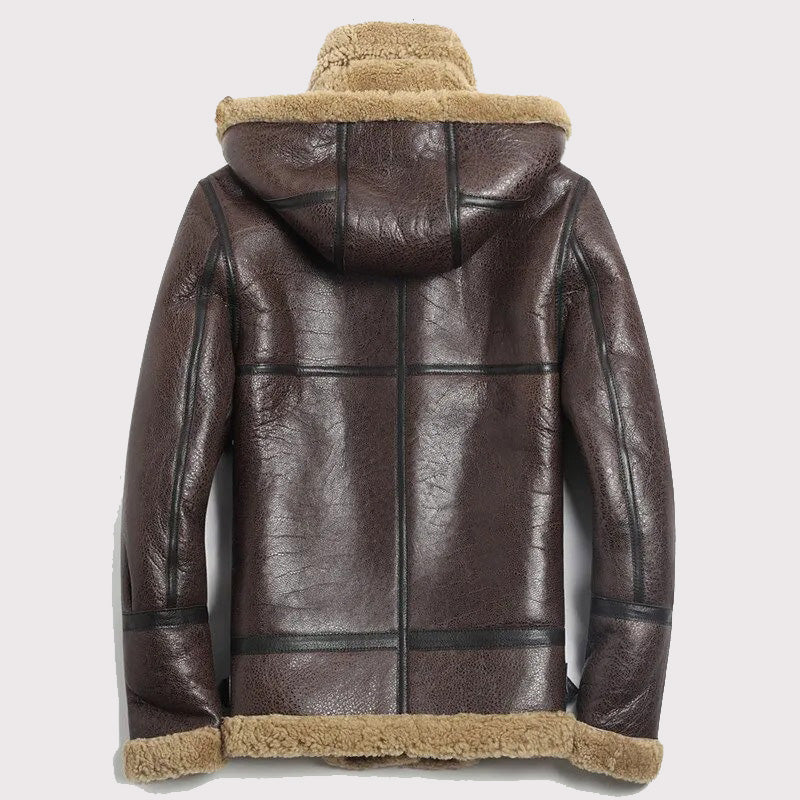 Veste aviateur en peau de mouton marron à capuche pour homme - Manteau en peau de mouton B-3