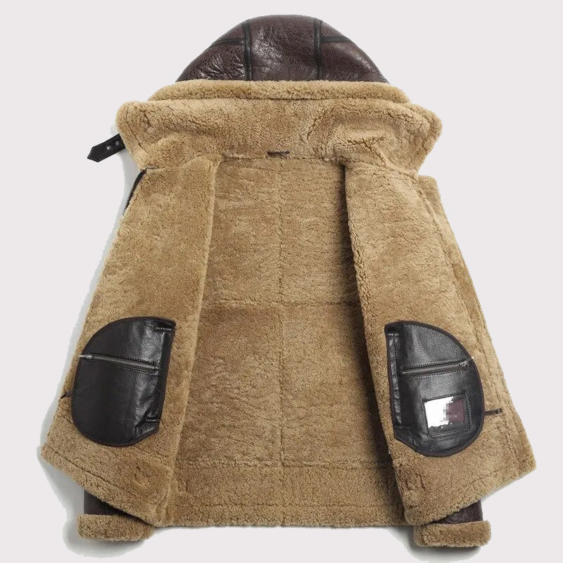 Veste aviateur en peau de mouton marron à capuche pour homme - Manteau en peau de mouton B-3