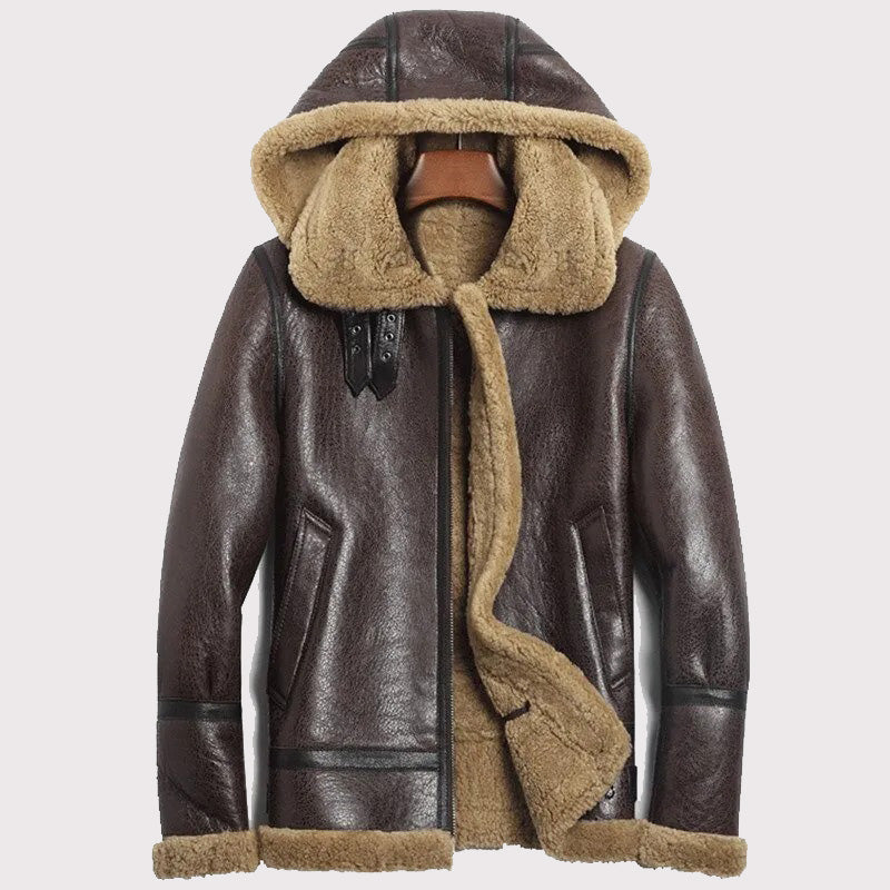 Veste aviateur en peau de mouton marron à capuche pour homme - Manteau en peau de mouton B-3