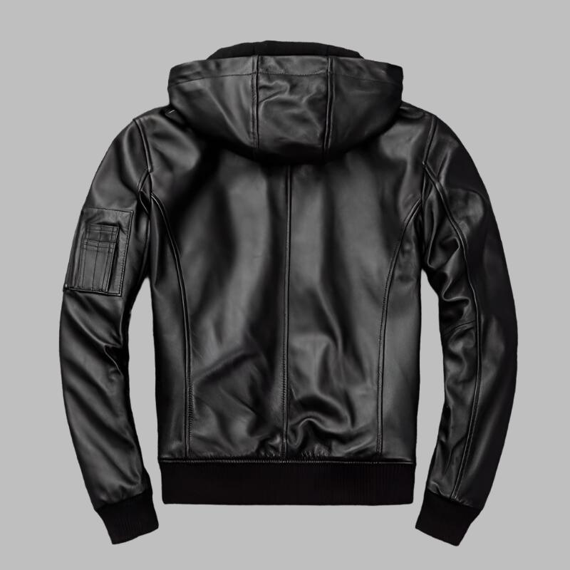 Blouson aviateur de moto en cuir à capuche pour homme