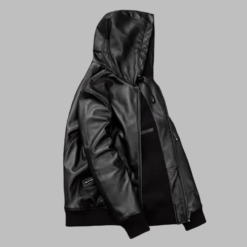 Blouson aviateur de moto en cuir à capuche pour homme