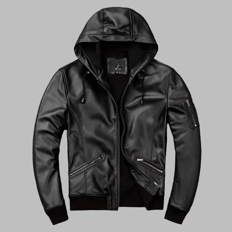 Blouson aviateur de moto en cuir à capuche pour homme