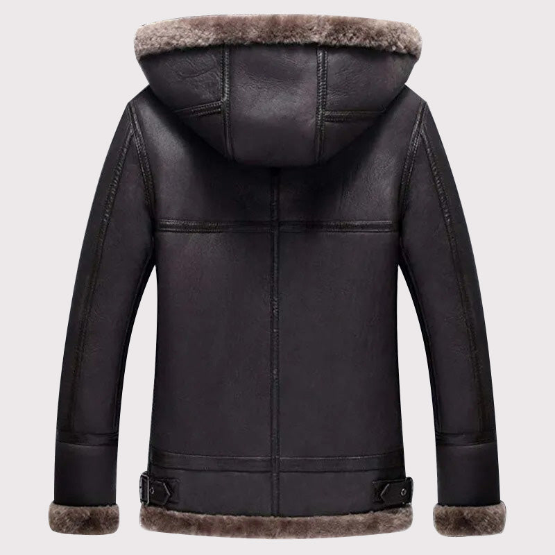 Lammfell-Fliegerjacke mit Kapuze für Herren – warmer Schaffell-Fliegermantel