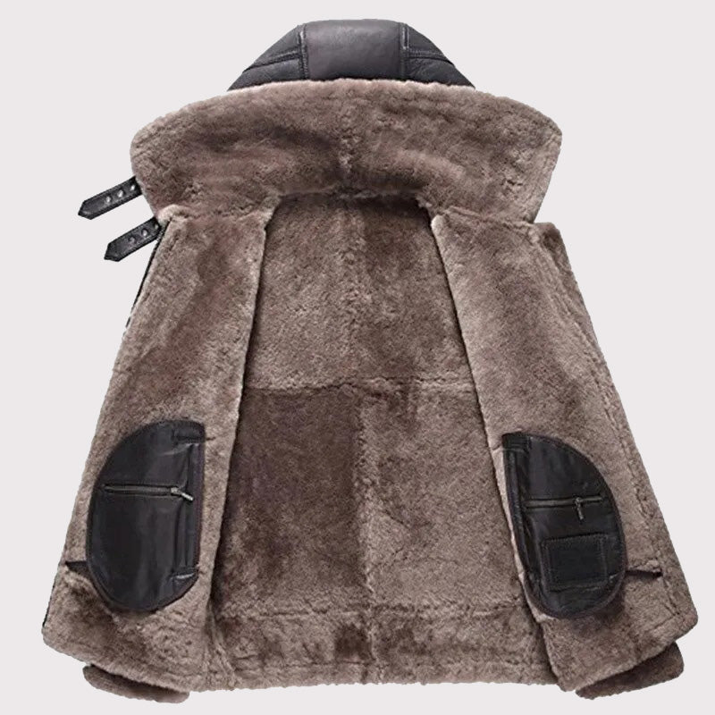 Lammfell-Fliegerjacke mit Kapuze für Herren – warmer Schaffell-Fliegermantel