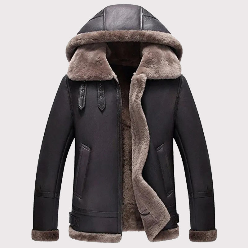 Lammfell-Fliegerjacke mit Kapuze für Herren – warmer Schaffell-Fliegermantel