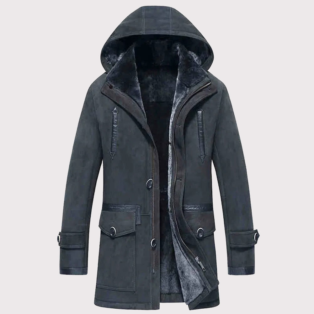 Manteau en fourrure de mouton à capuche pour homme - Veste d'hiver chaude