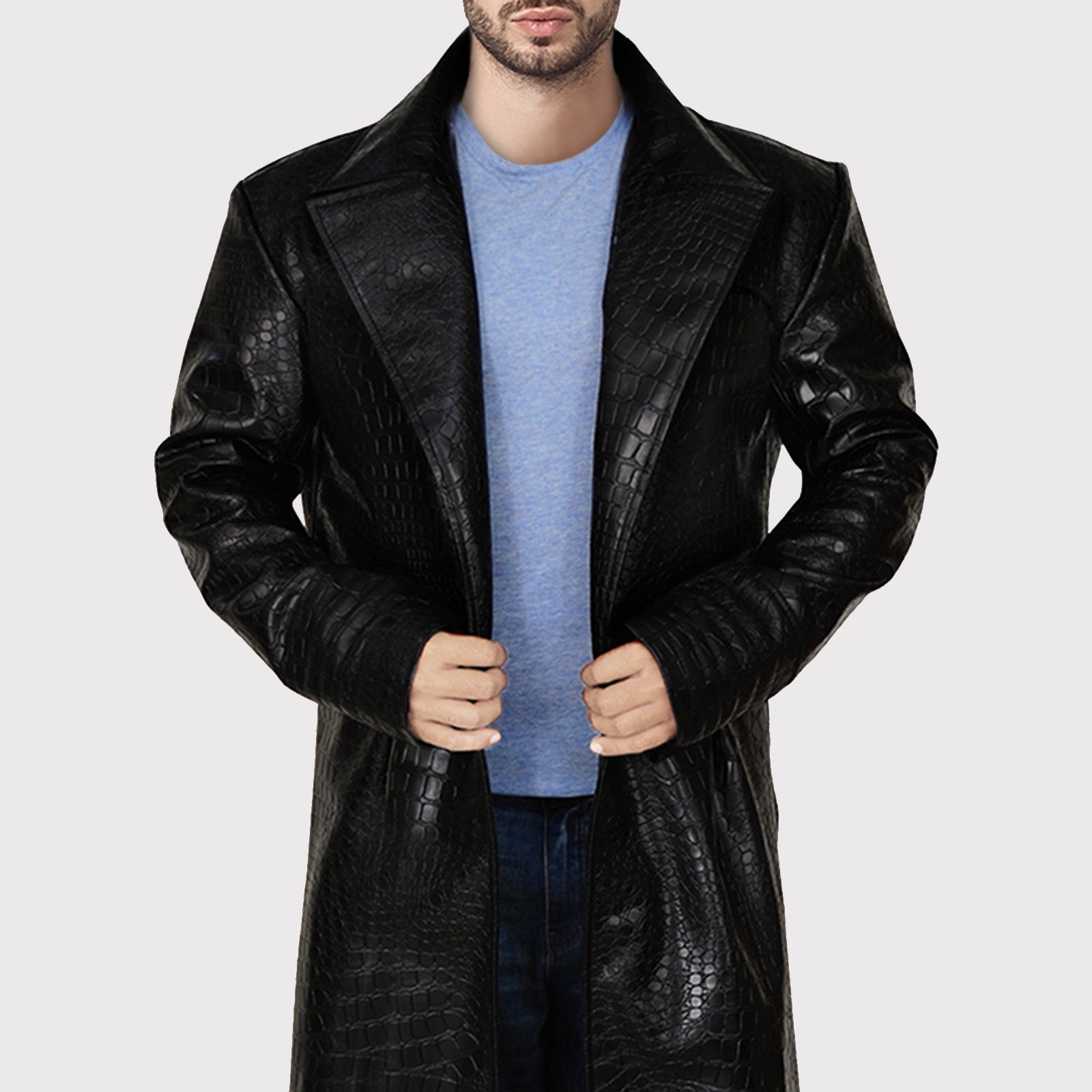 Manteau long en similicuir d'alligator noir pour homme