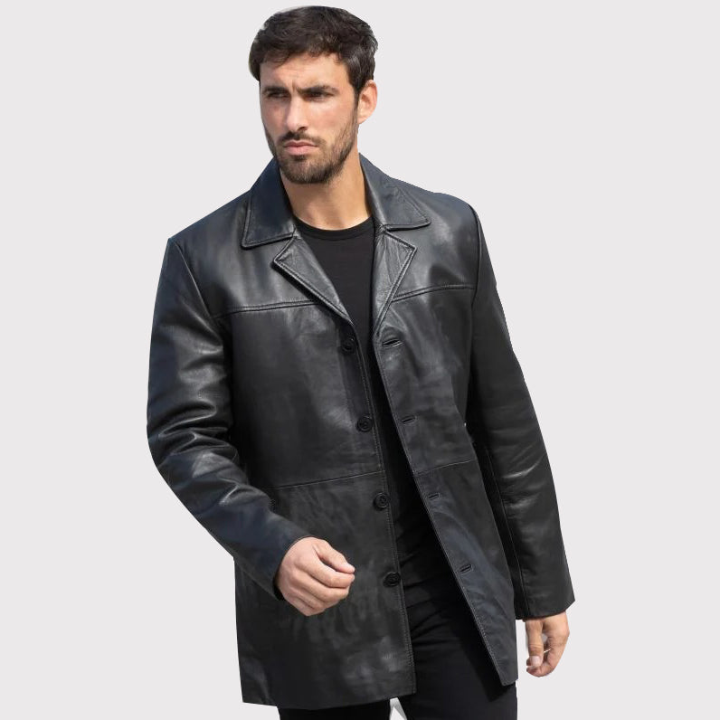 Veste blazer mi-longue en cuir d'agneau pour homme