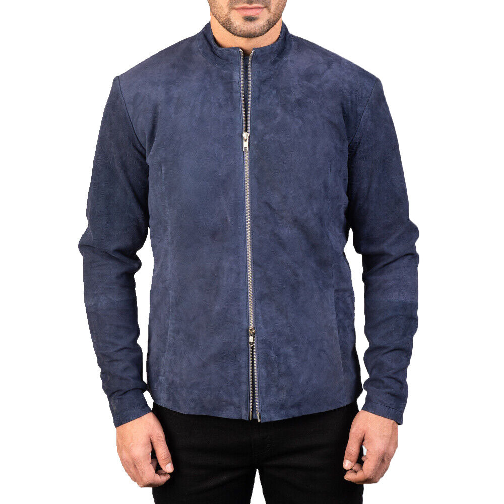 Veste motard en daim bleu marine pour homme