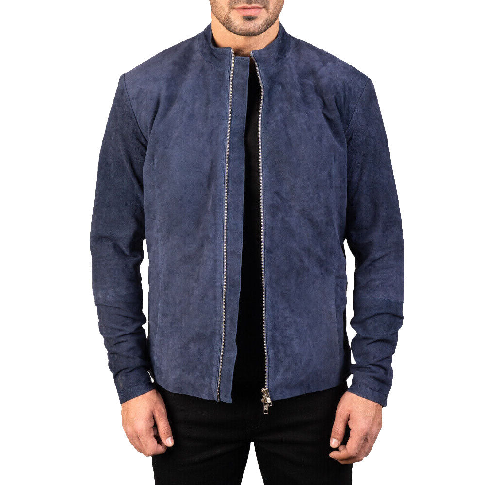 Veste motard en daim bleu marine pour homme