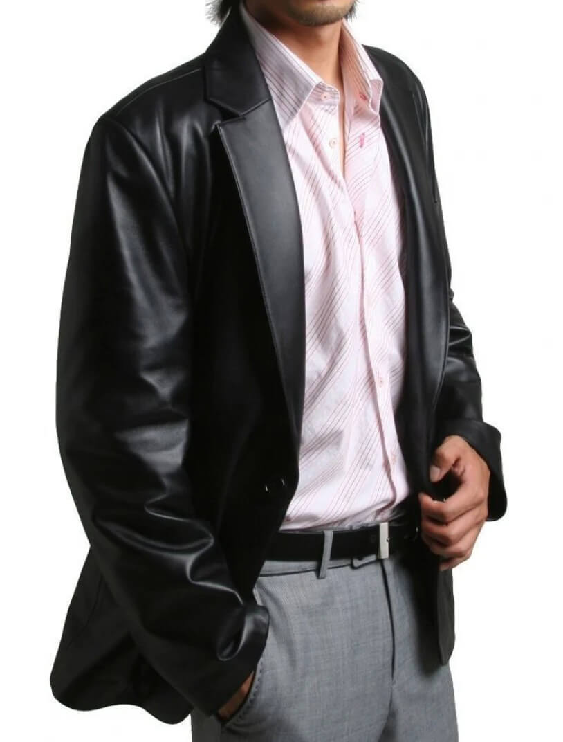 Blazer en cuir d'agneau souple noir à fermeture à un bouton pour homme