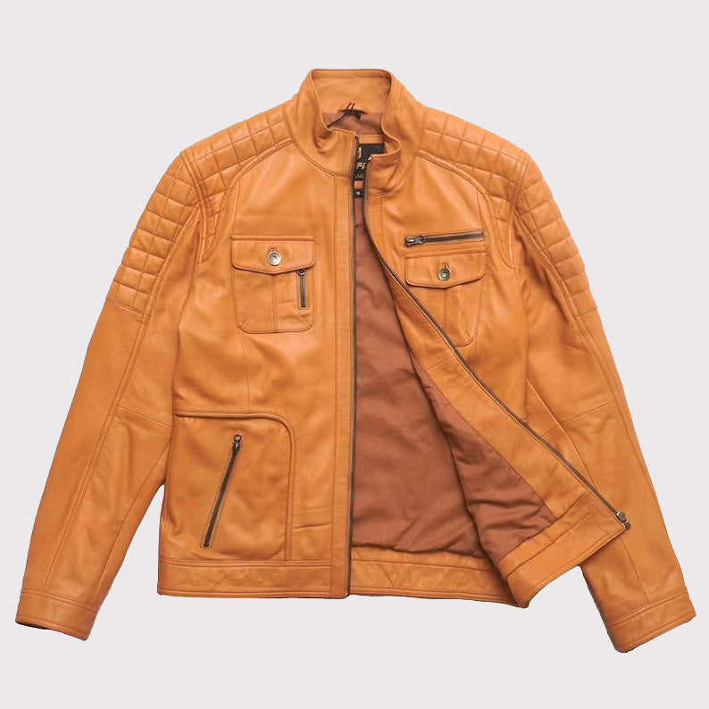 Veste motard en cuir d'agneau orange pour homme