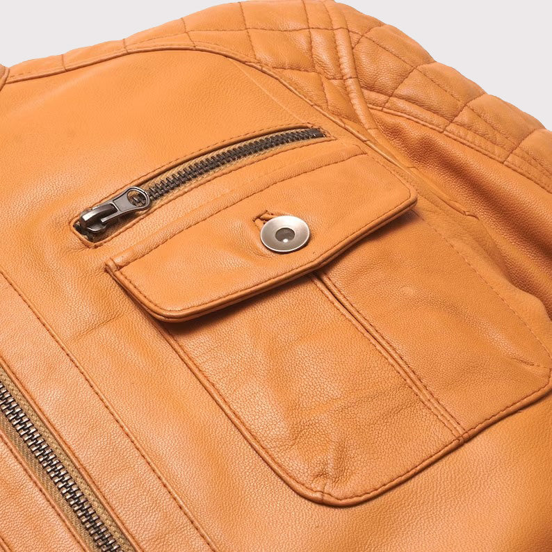 Veste motard en cuir d'agneau orange pour homme