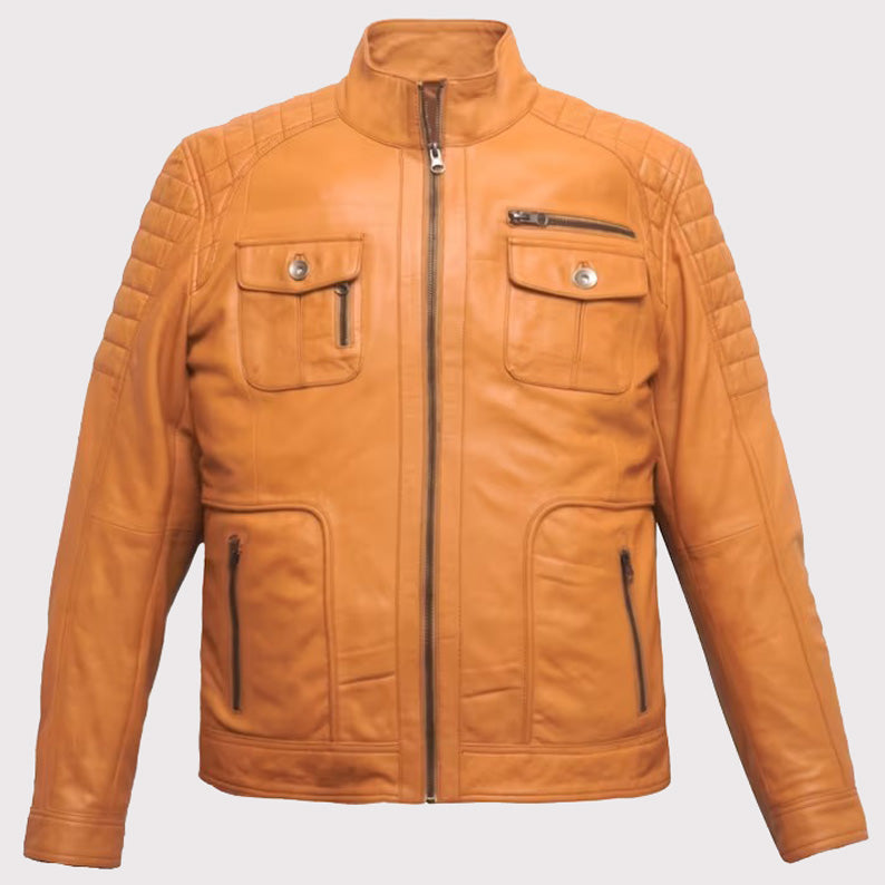 Veste motard en cuir d'agneau orange pour homme