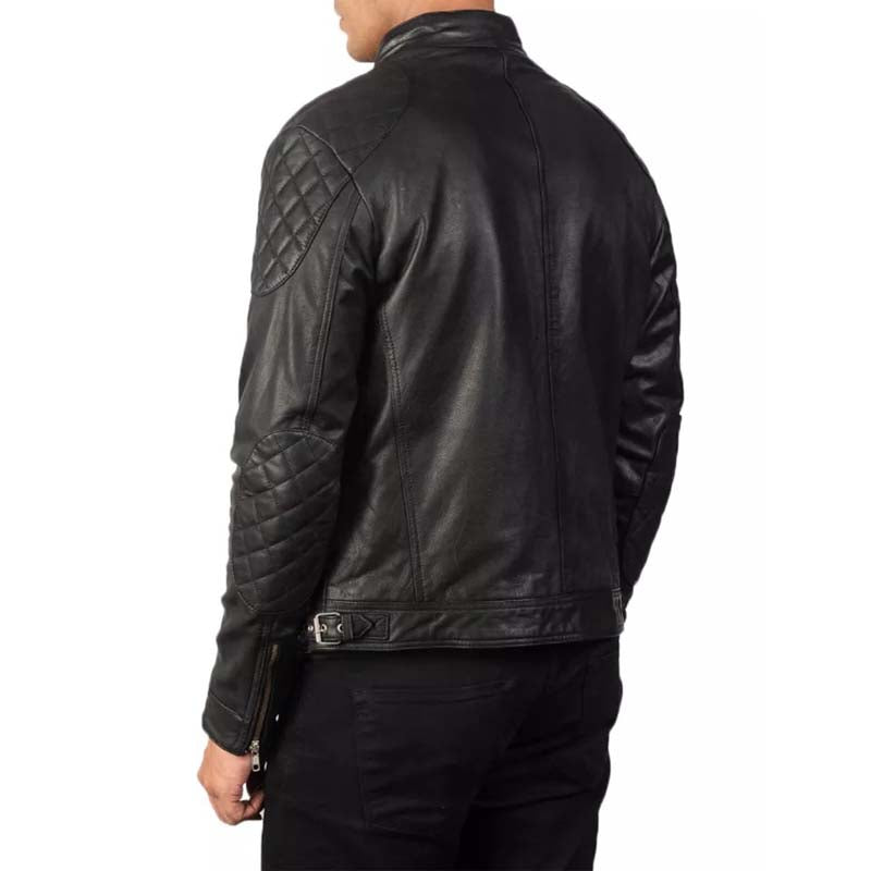 Veste de motard en cuir véritable matelassé noir pour homme style Cafe Racer