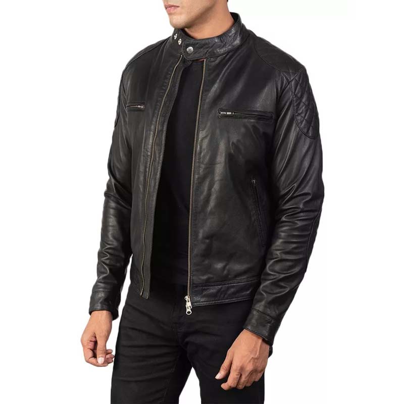 Veste de motard en cuir véritable matelassé noir pour homme style Cafe Racer