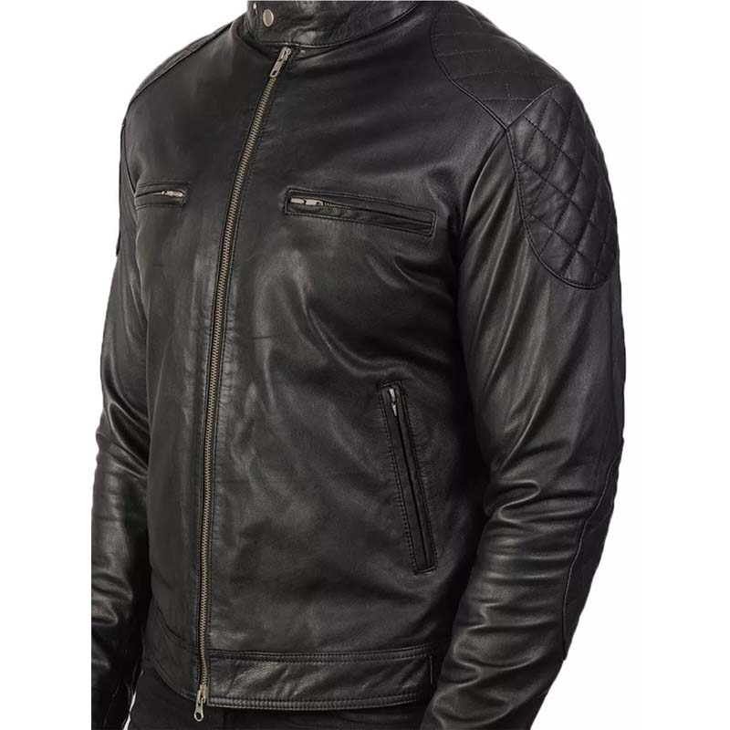 Veste de motard en cuir véritable matelassé noir pour homme style Cafe Racer