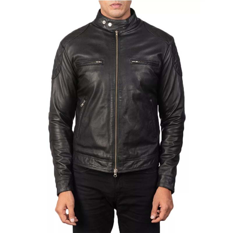 Veste de motard en cuir véritable matelassé noir pour homme style Cafe Racer