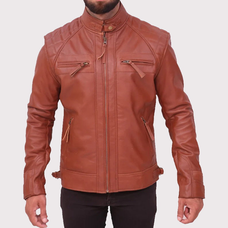 Veste matelassée en cuir marron vieilli vintage pour homme - Style Café Racer