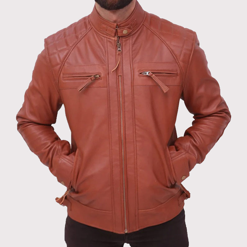 Veste matelassée en cuir marron vieilli vintage pour homme - Style Café Racer