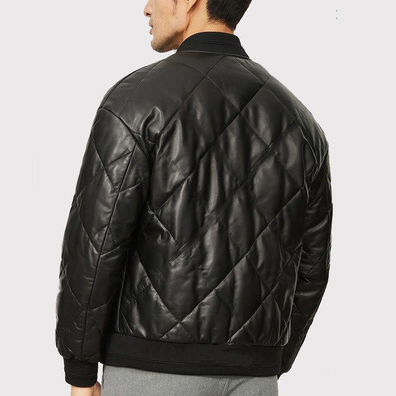 Men's Quilted Lambskin Leather Jacket with Down-Filled