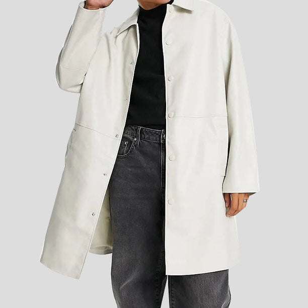 Trench-coat sophistiqué en cuir de vache blanc pour homme