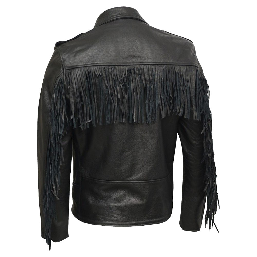 Veste de motard décontractée en cuir véritable pour homme Brando Fringe noire