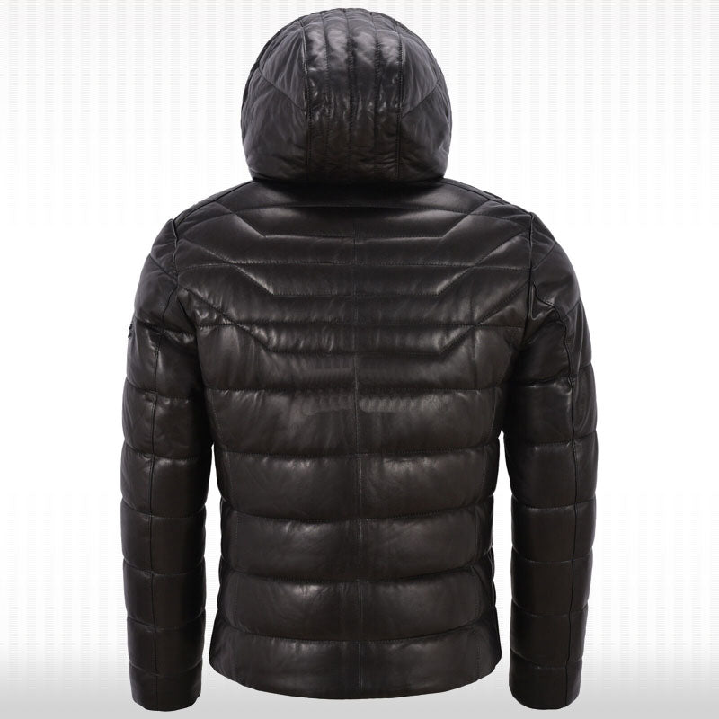 Veste à capuche en cuir véritable pour homme - Sweat à capuche entièrement matelassé noir