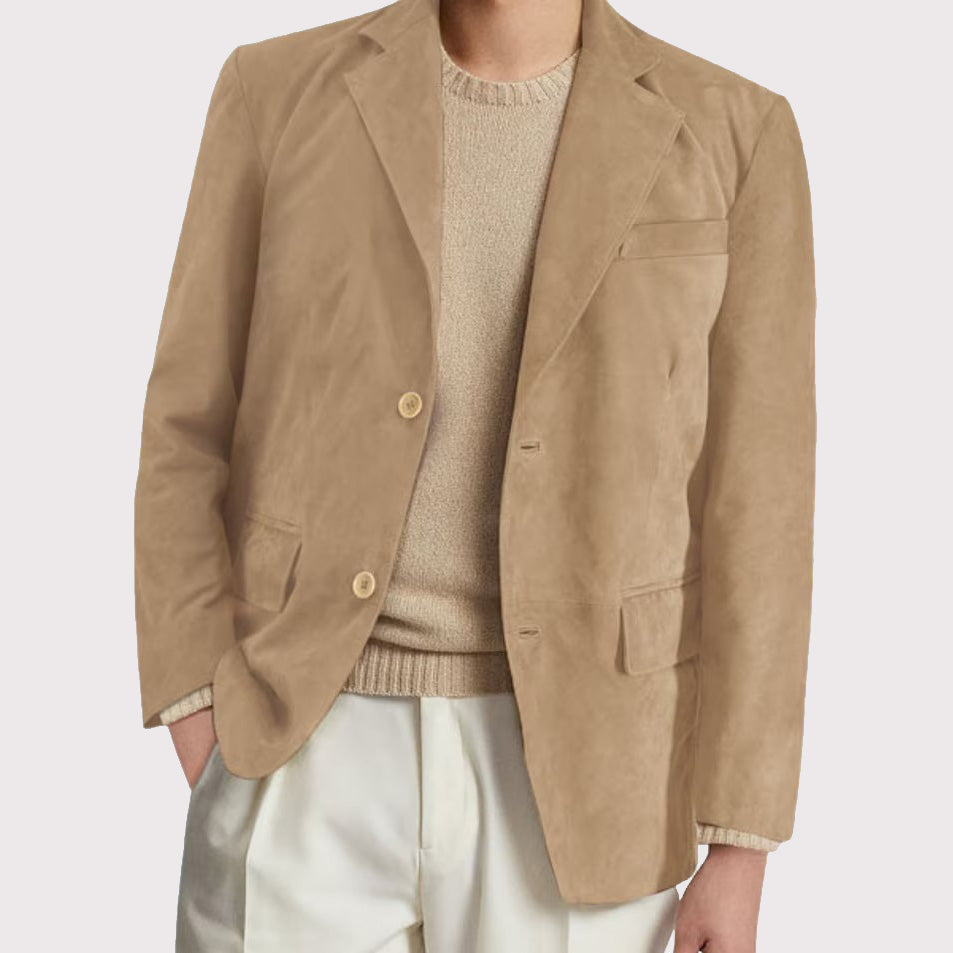 Manteau blazer en cuir suédé véritable pour homme