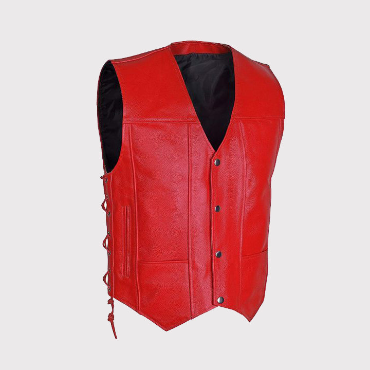 Gilet de motard rouge pour homme - Cuir de vachette véritable