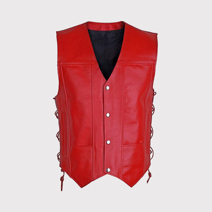 Gilet de motard rouge pour homme - Cuir de vachette véritable