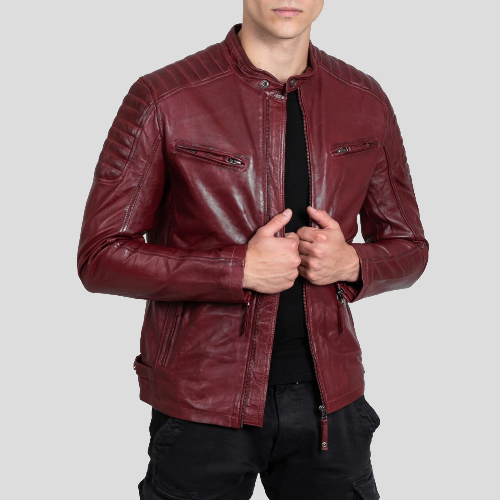 Veste de motard en cuir de mouton véritable rouge pour homme