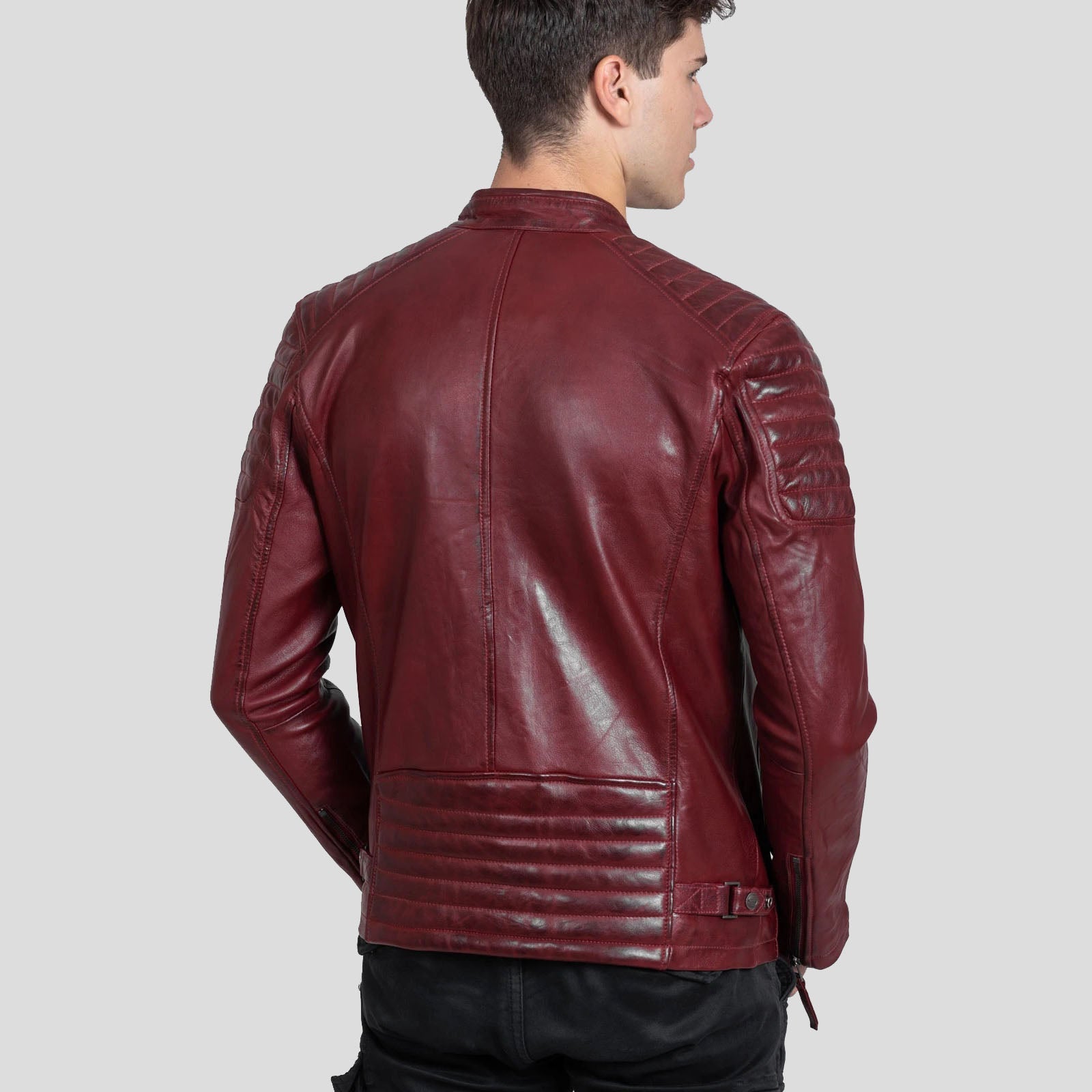 Veste de motard en cuir de mouton véritable rouge pour homme