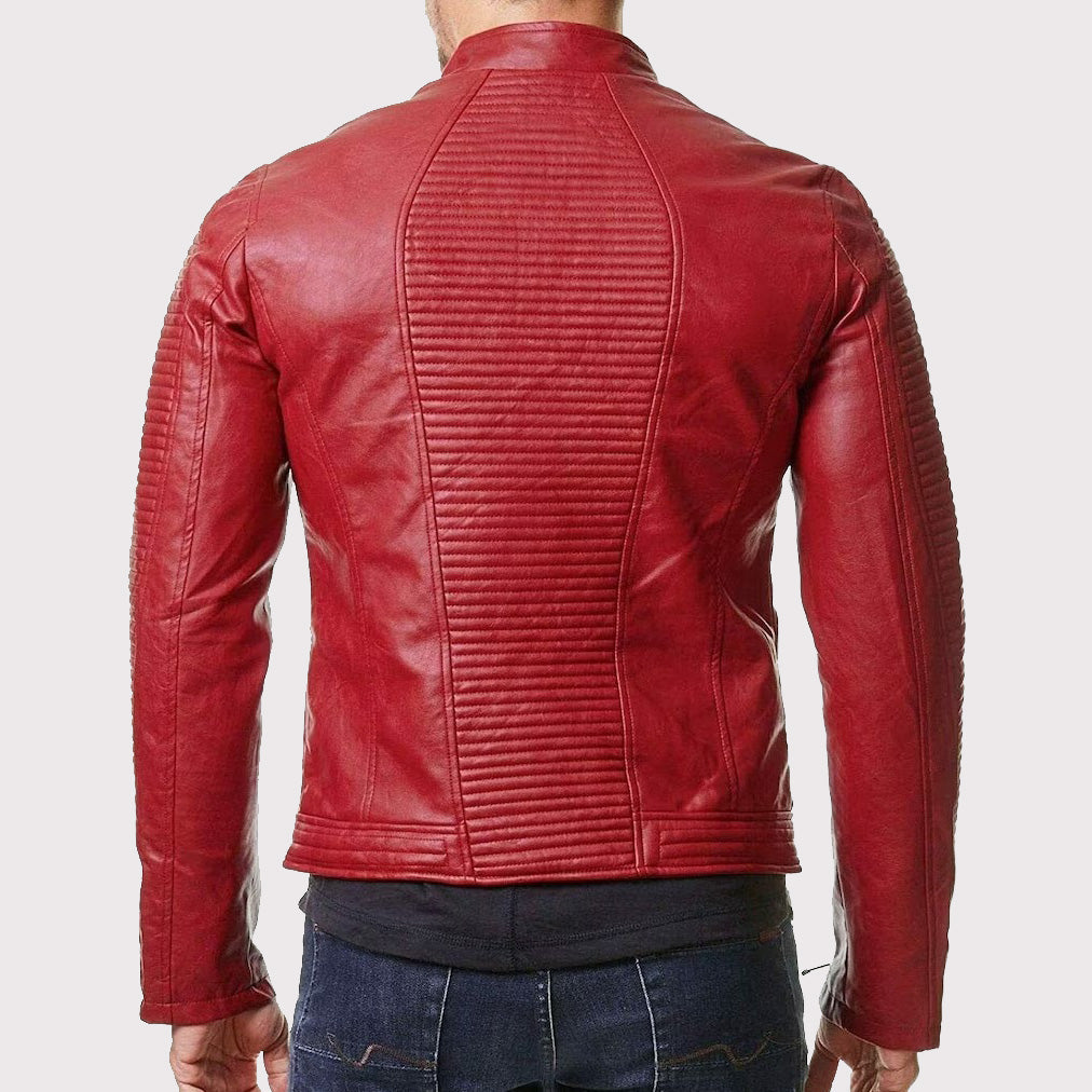 Veste de motard en cuir rouge coupe slim pour homme