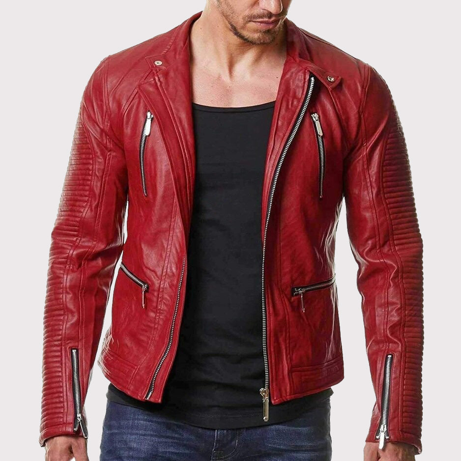 Veste de motard en cuir rouge coupe slim pour homme