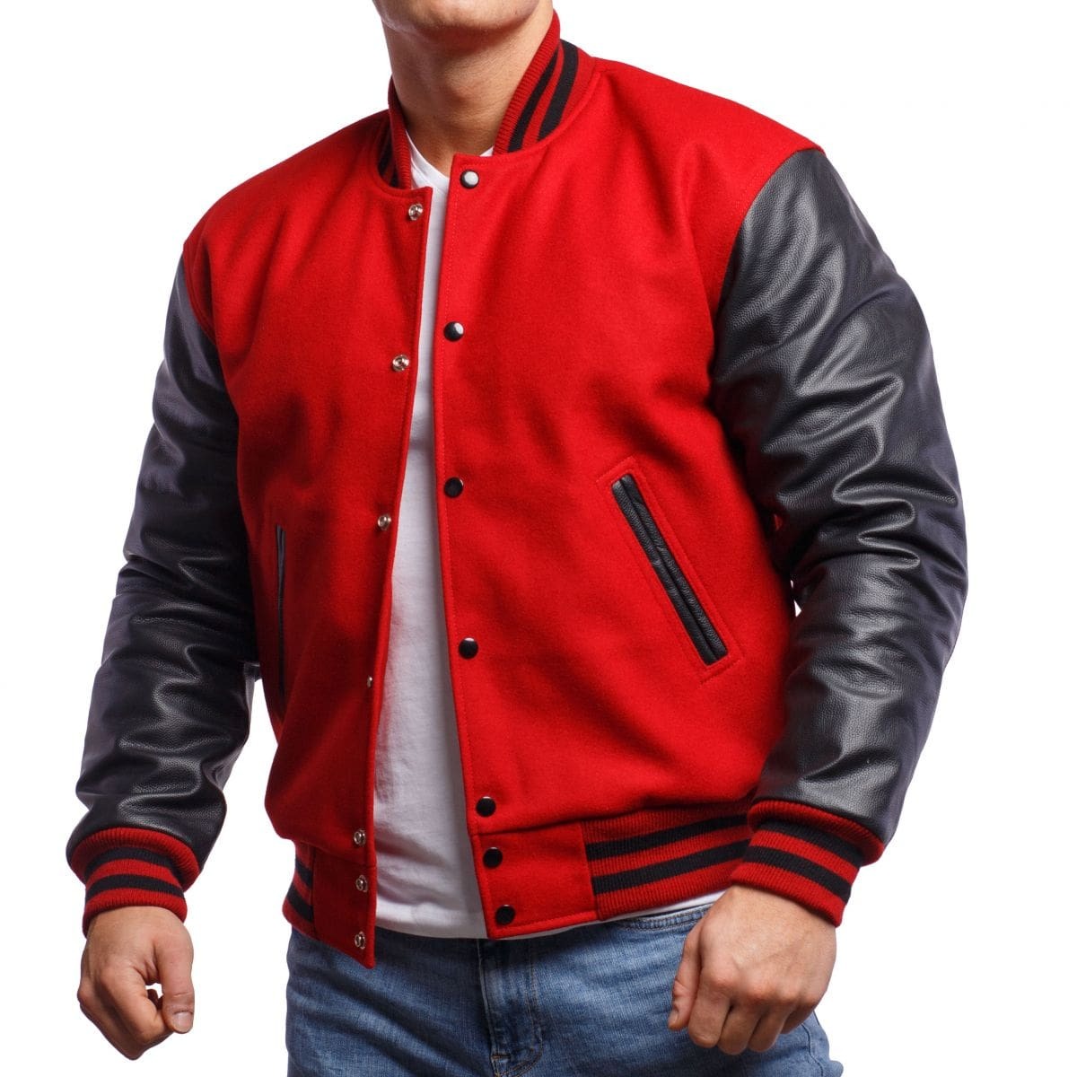 Veste en cuir rouge universitaire pour homme avec manches noires