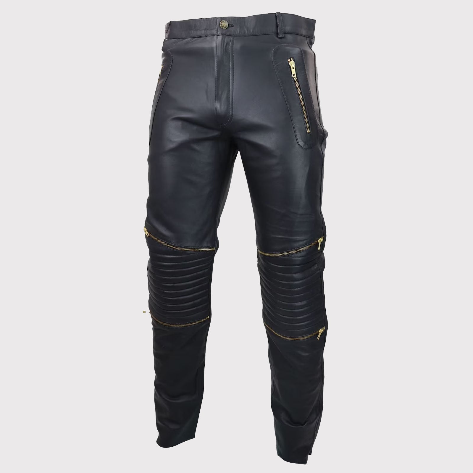 Jean rétro classique vintage en cuir noir pour homme avec fermetures éclair dorées - Style gothique punk