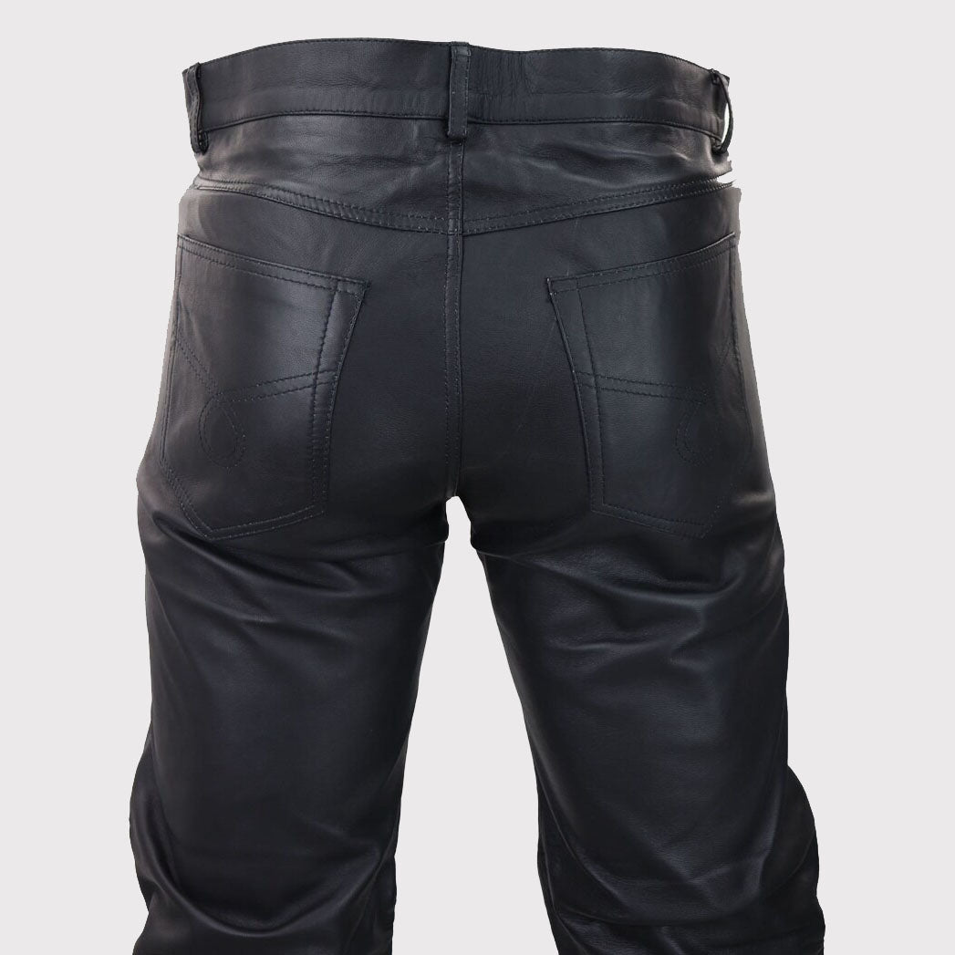 Jean rétro classique vintage en cuir noir pour homme avec fermetures éclair dorées - Style gothique punk