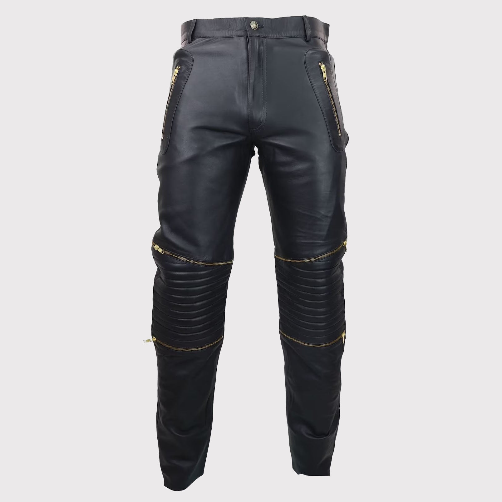 Jean rétro classique vintage en cuir noir pour homme avec fermetures éclair dorées - Style gothique punk