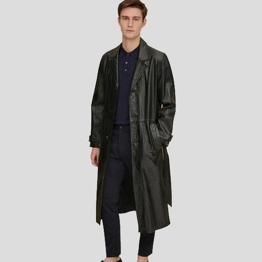 Men's Retro Leather Vintage Long Trench Coat