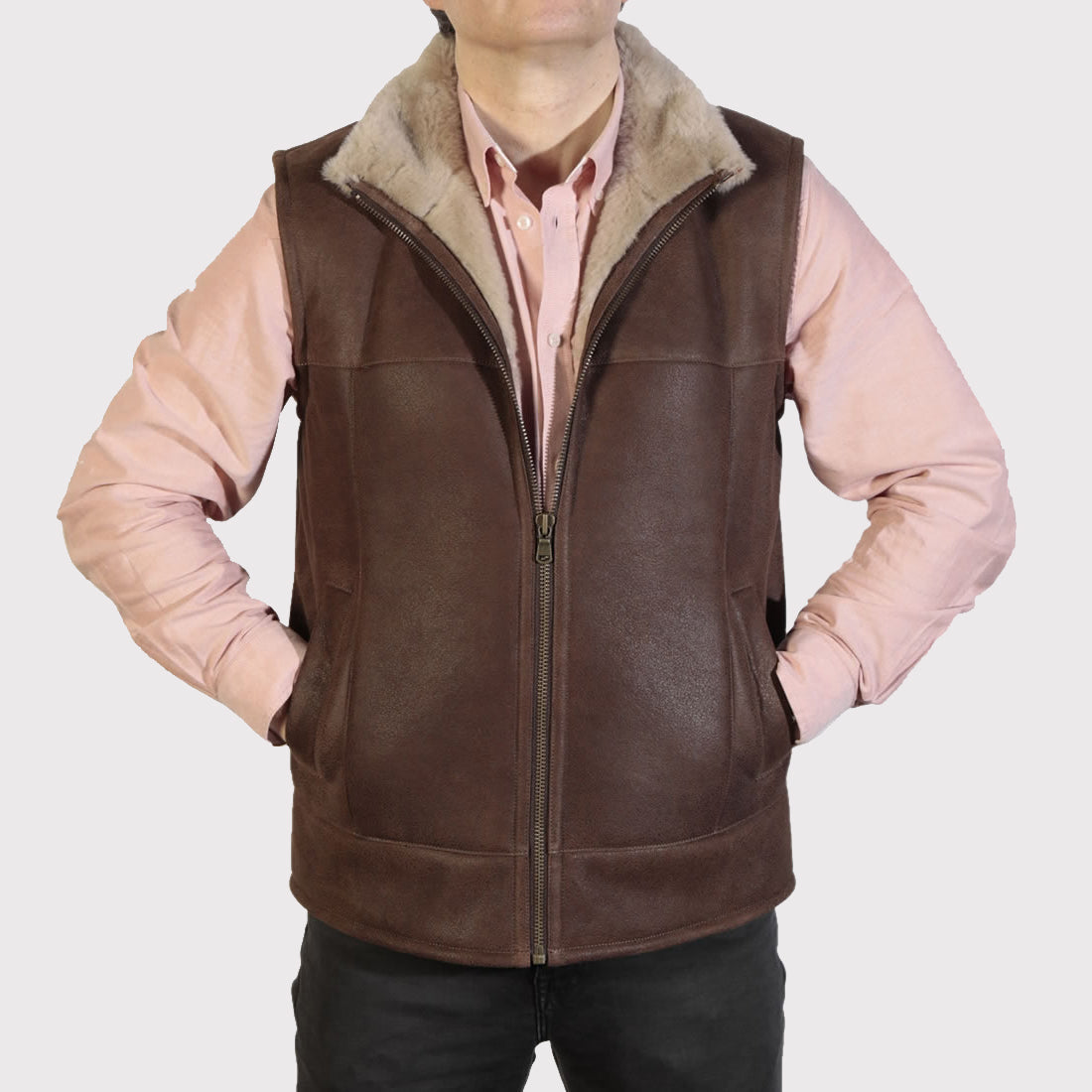 Gilet en peau de mouton nappa marron foncé pour homme