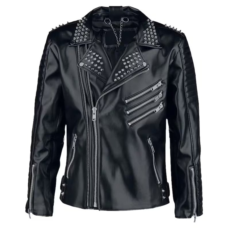 Veste en cuir à clous noirs style punk rock pour homme