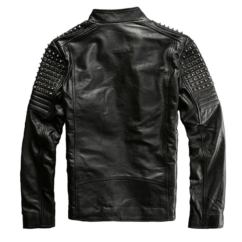 Veste de moto en cuir noir à clous et pointes en métal pour homme, style punk rock