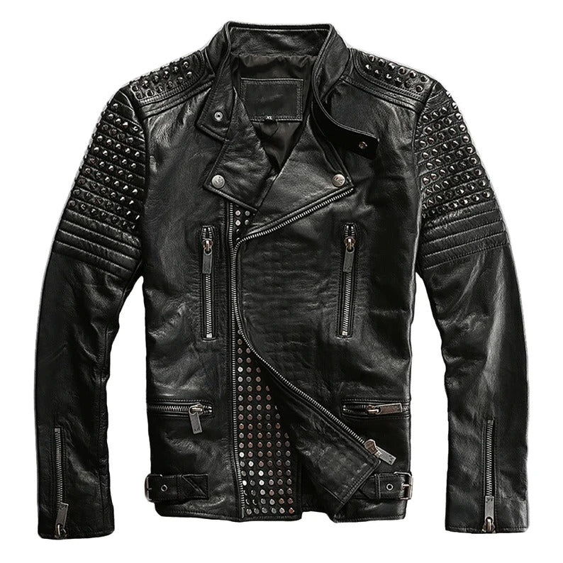 Veste de moto en cuir noir à clous et pointes en métal pour homme, style punk rock